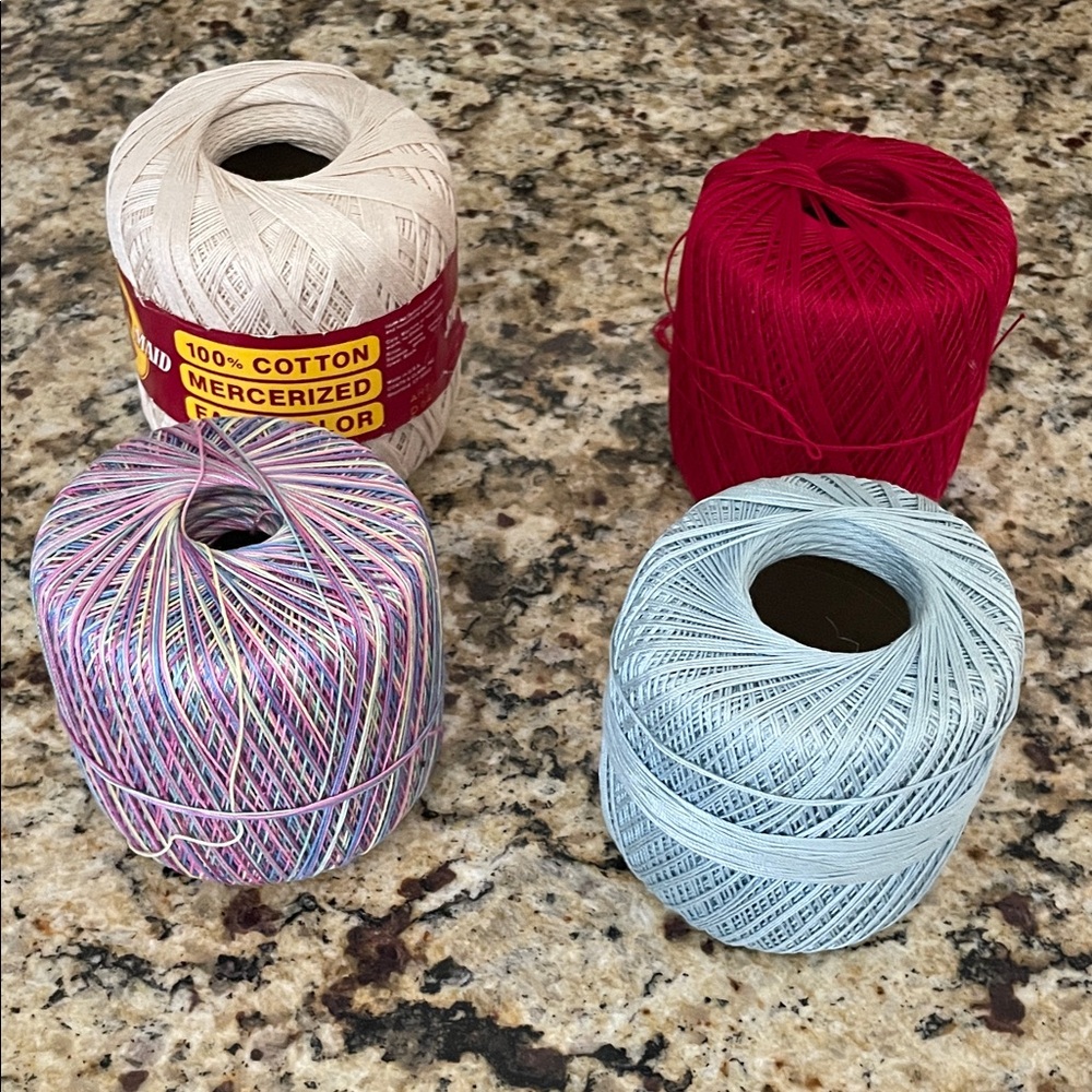 Set of Four Cotton Crochet Thread Spools - Cream, Red, Multicolor, Light Blue